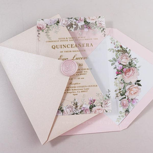 greenery pink blush floral acrylic Quinceañera Invitation CWIA125